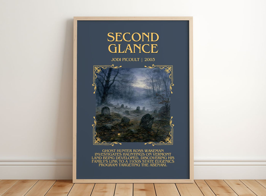 Second Glance Minimalist Book Poster by Jodi Picoult – framed print leaning on a wooden floor