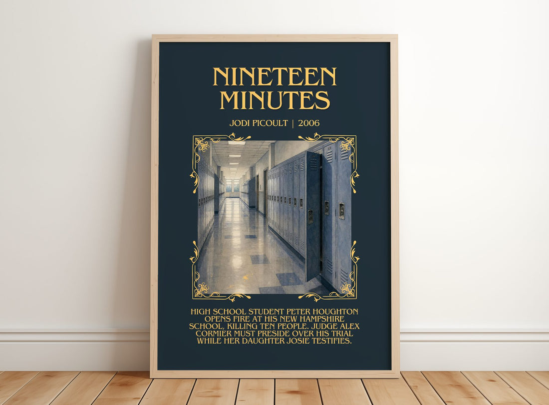 Nineteen Minutes Minimalist Book Poster by Jodi Picoult – framed print leaning on a wooden floor