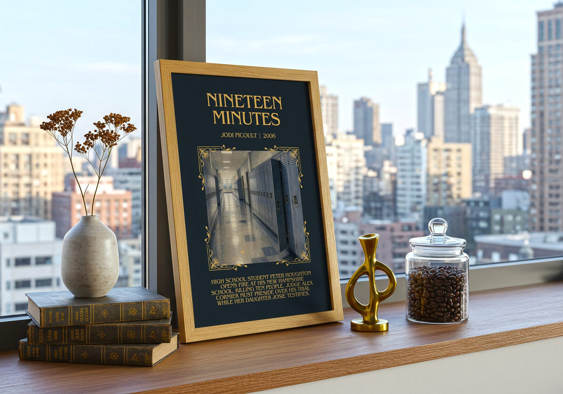 Nineteen Minutes Minimalist Book Poster by Jodi Picoult – framed print on a city-view windowsill