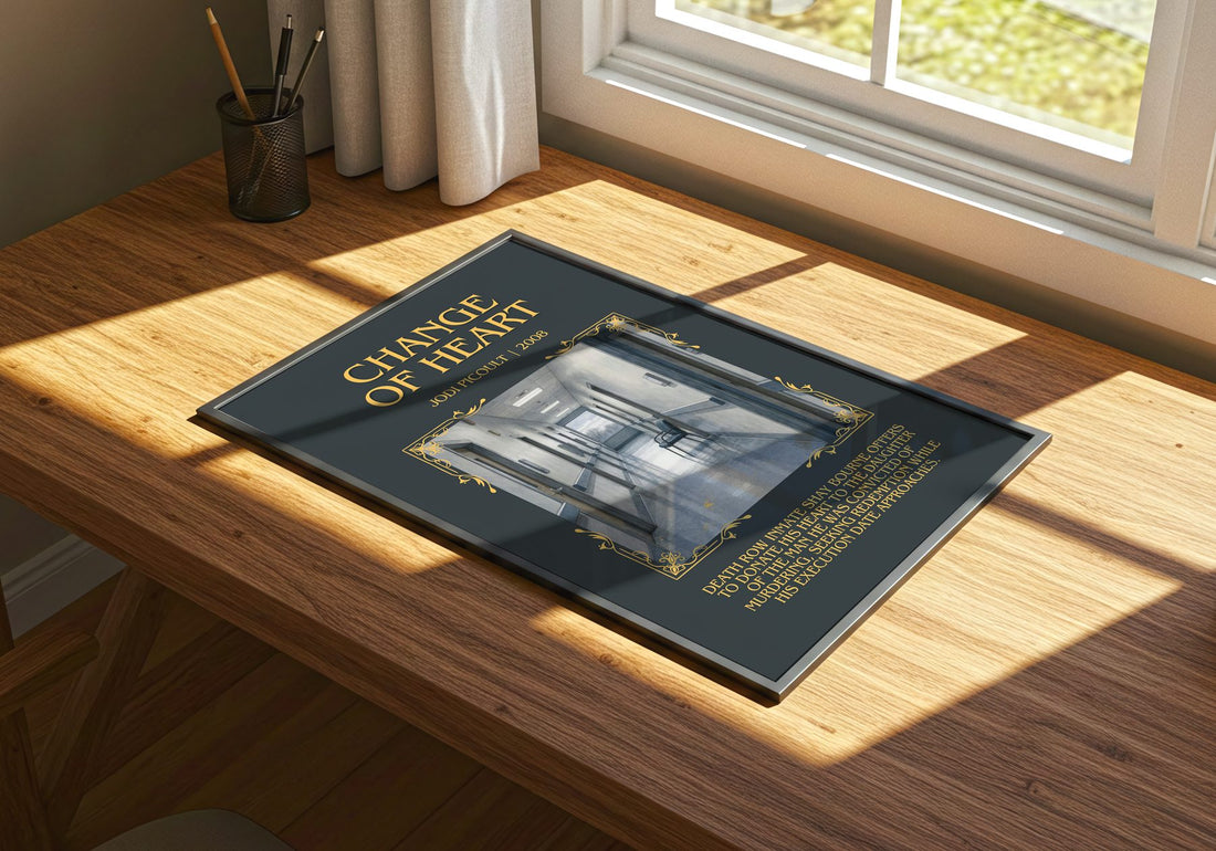 Change of Heart Minimalist Book Poster by Jodi Picoult – print on a sunlit desk