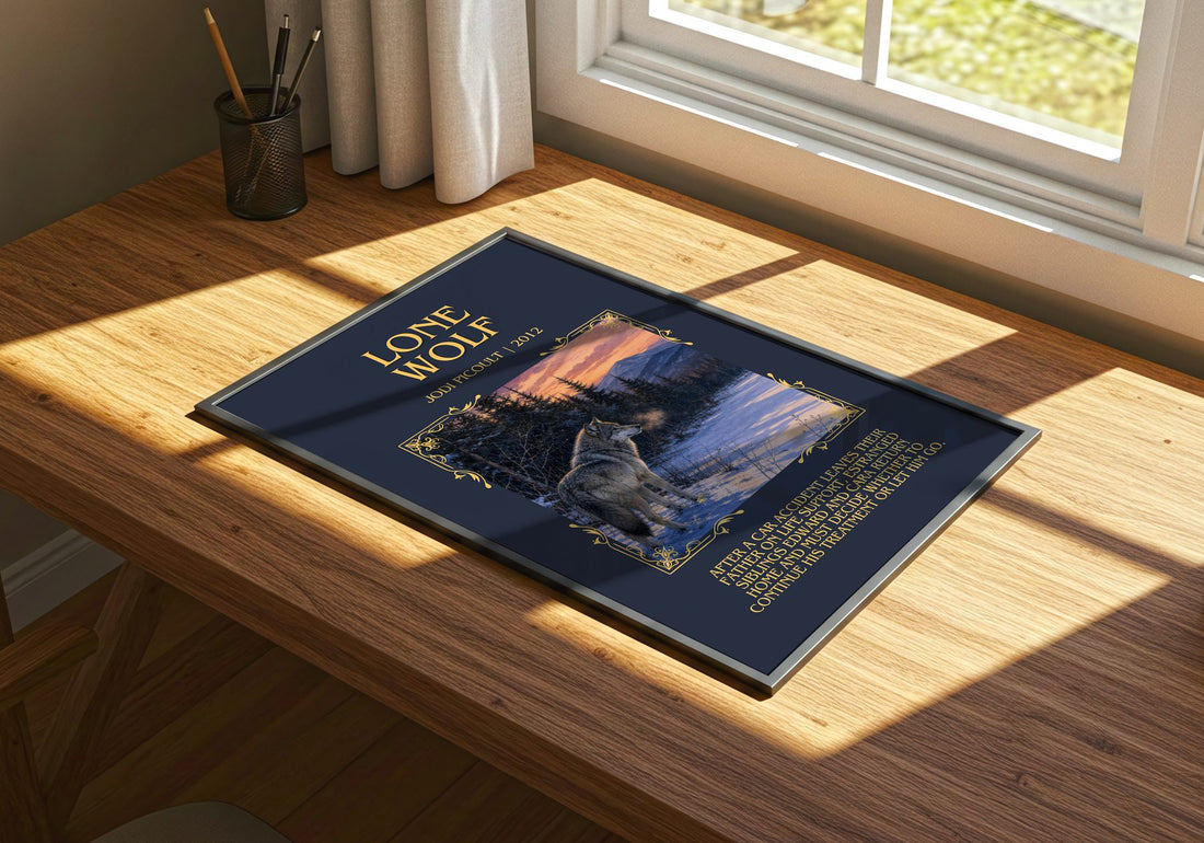 Lone Wolf Minimalist Book Poster by Jodi Picoult – print on a sunlit desk