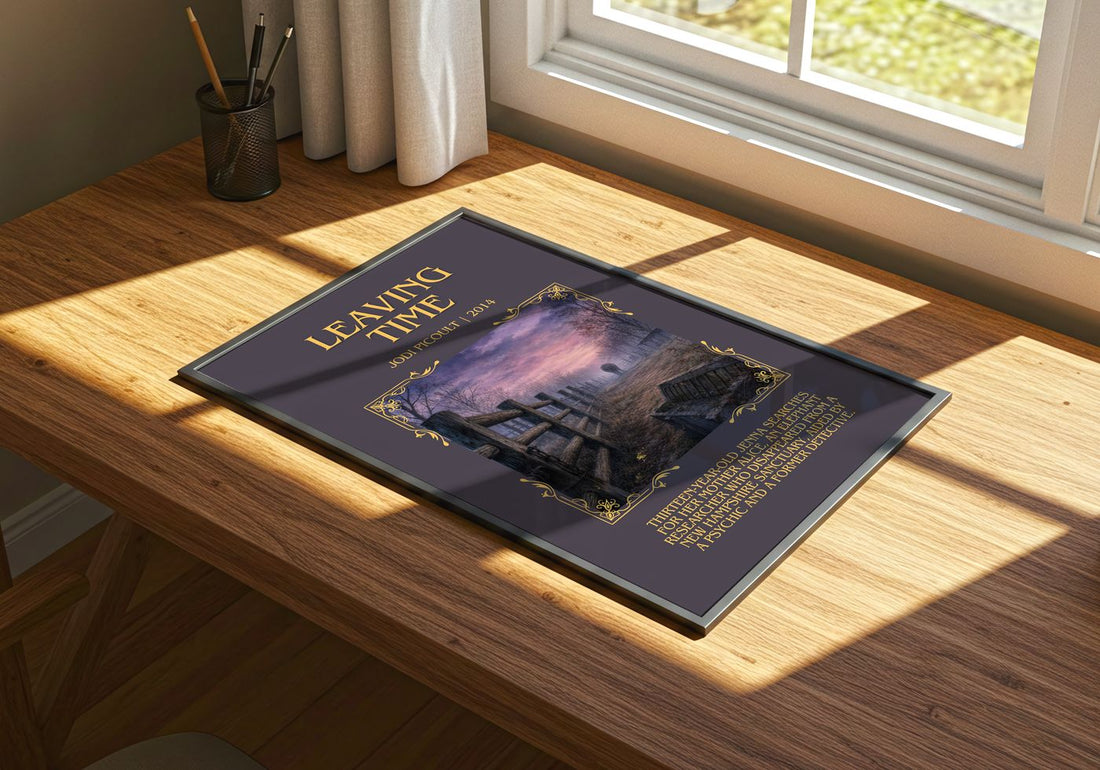 Leaving Time Minimalist Book Poster by Jodi Picoult – print on a sunlit desk