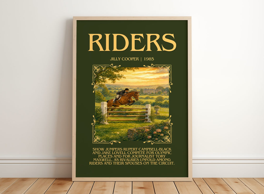 Riders Minimalist Book Poster by Jilly Cooper – framed print leaning on a wooden floor
