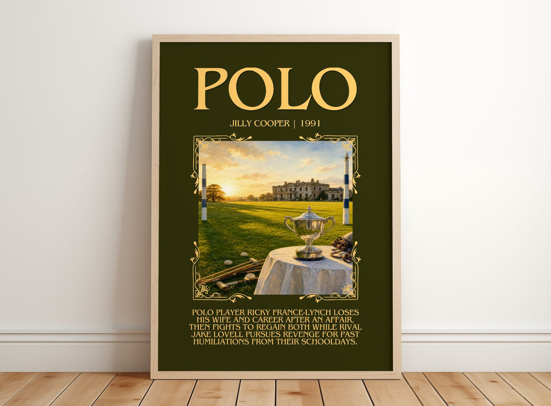 Polo Minimalist Book Poster by Jilly Cooper – framed print leaning on a wooden floor