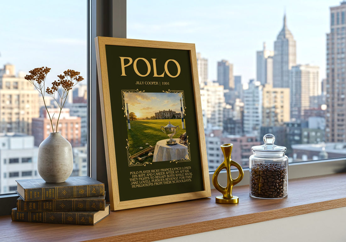 Polo Minimalist Book Poster by Jilly Cooper – framed print on a city-view windowsill