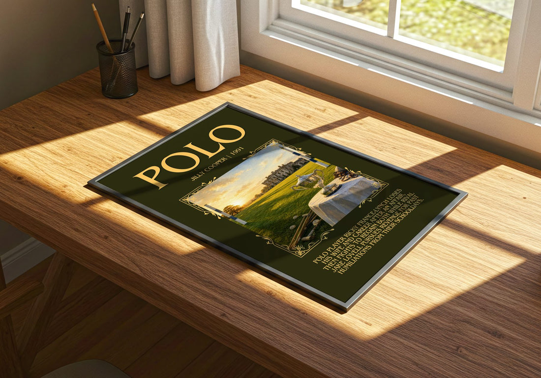 Polo Minimalist Book Poster by Jilly Cooper – print on a sunlit desk