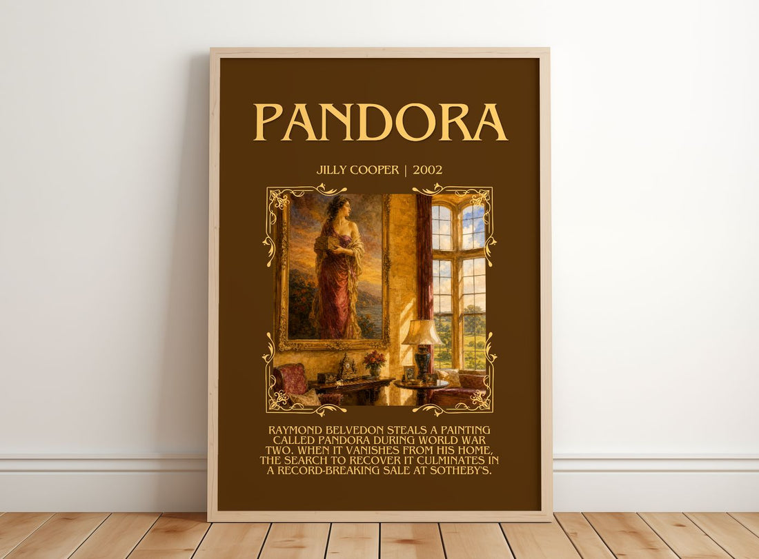 Pandora Minimalist Book Poster by Jilly Cooper – framed print leaning on a wooden floor