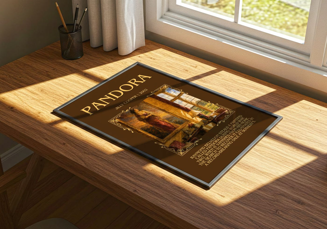 Pandora Minimalist Book Poster by Jilly Cooper – print on a sunlit desk