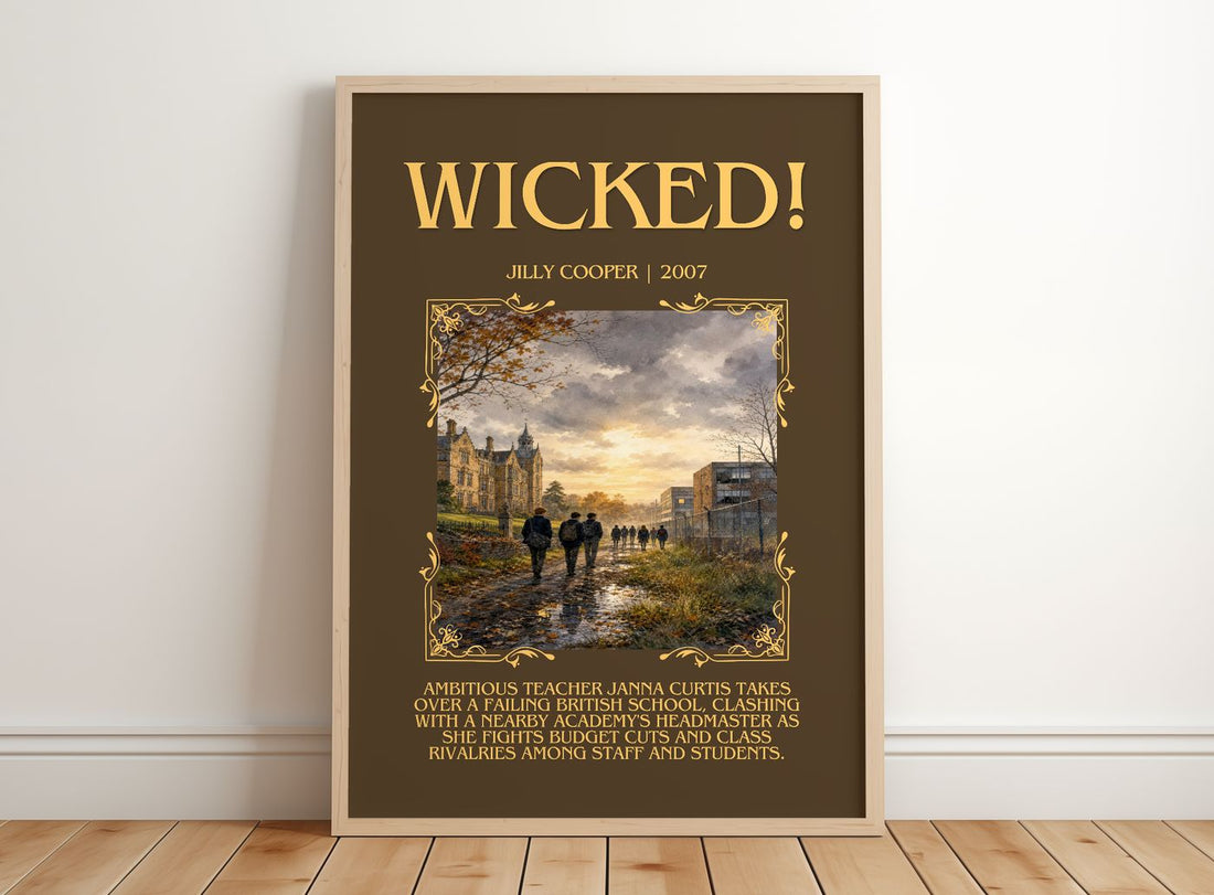 Wicked! Minimalist Book Poster by Jilly Cooper – framed print leaning on a wooden floor