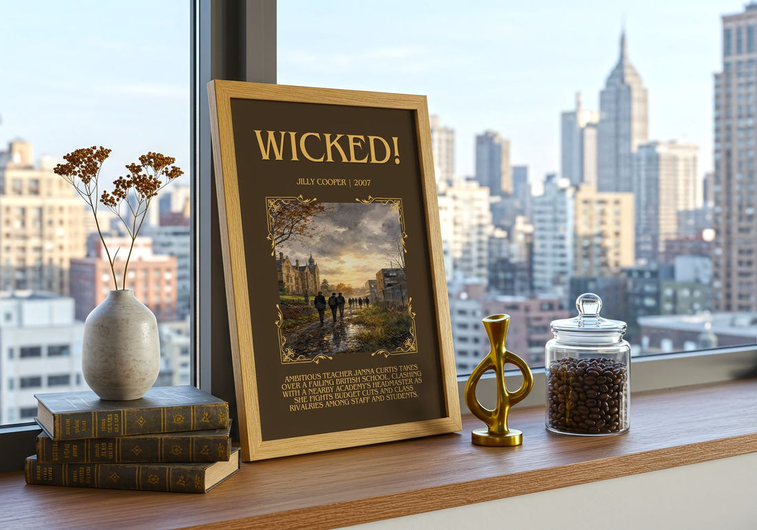Wicked! Minimalist Book Poster by Jilly Cooper – framed print on a city-view windowsill