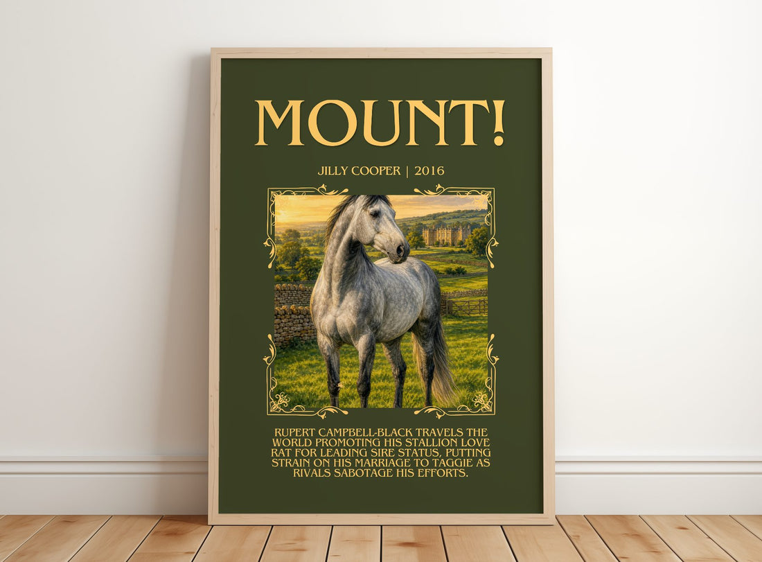 Mount! Minimalist Book Poster by Jilly Cooper – framed print leaning on a wooden floor