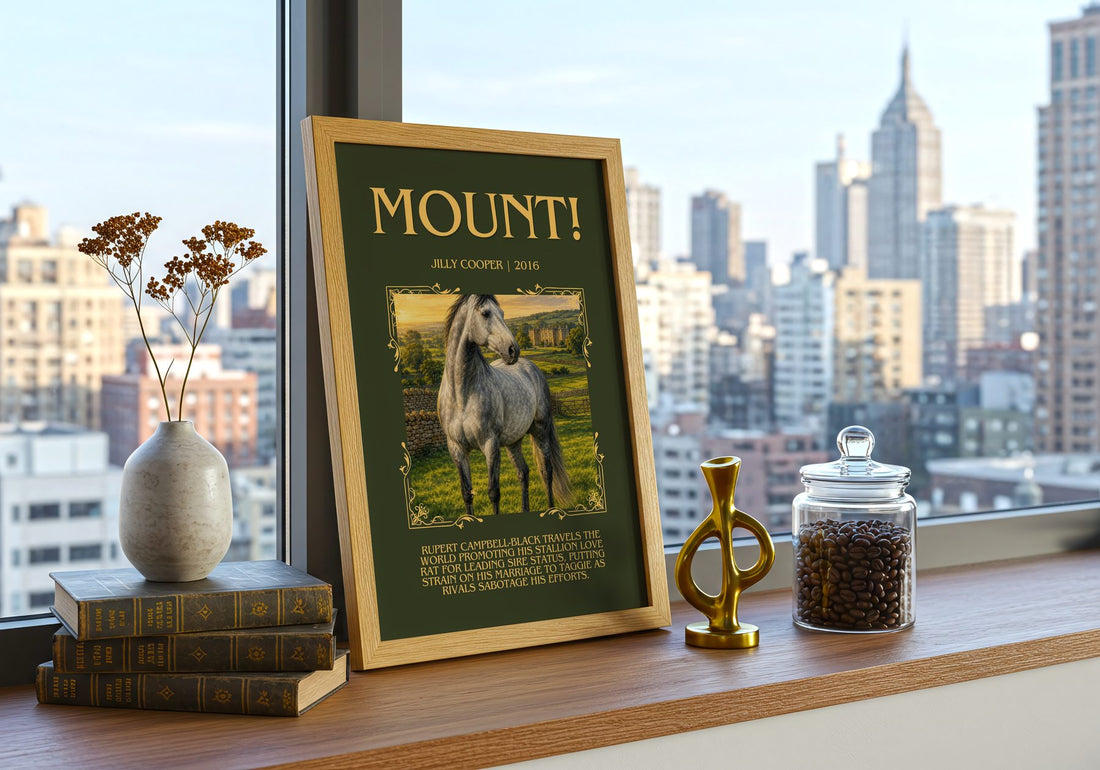 Mount! Minimalist Book Poster by Jilly Cooper – framed print on a city-view windowsill