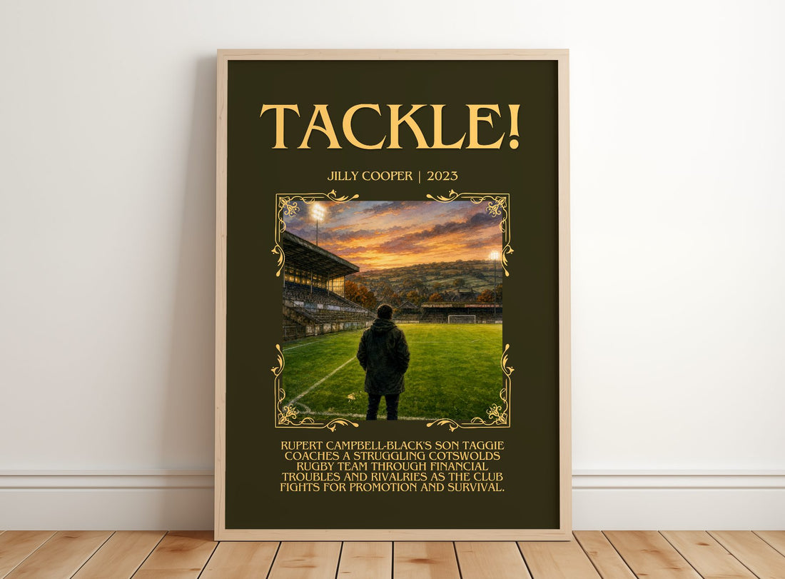 Tackle! Minimalist Book Poster by Jilly Cooper – framed print leaning on a wooden floor