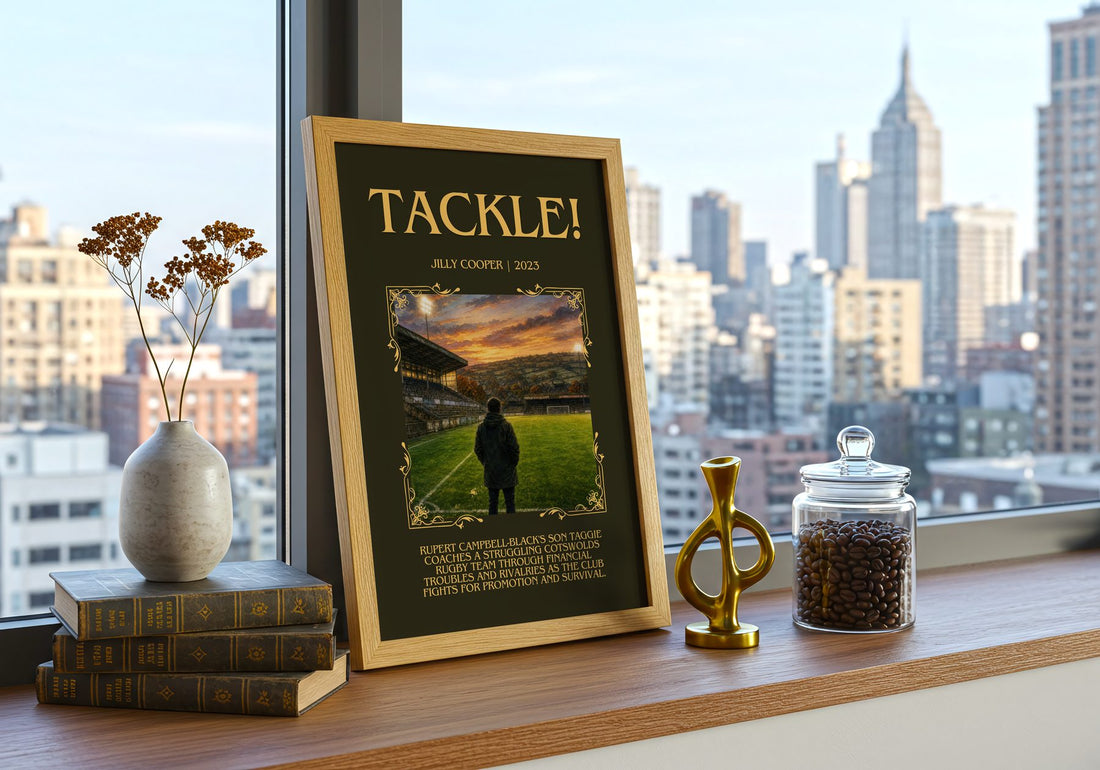 Tackle! Minimalist Book Poster by Jilly Cooper – framed print on a city-view windowsill
