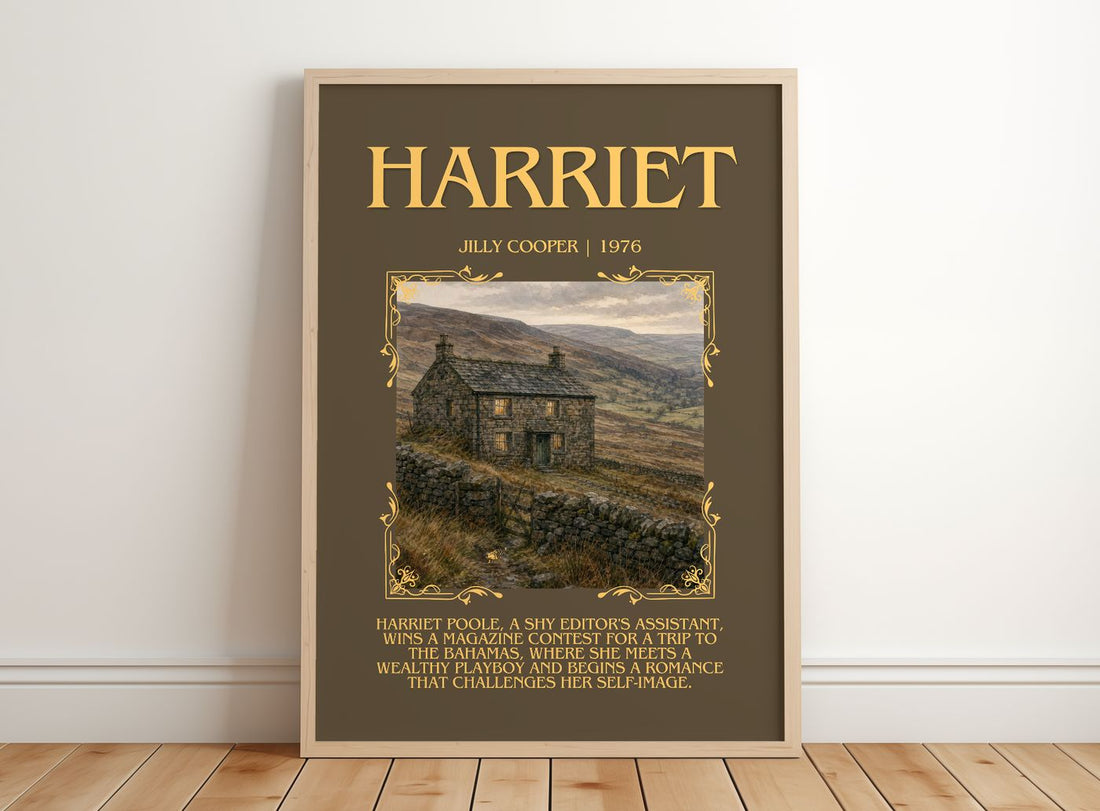 Harriet Minimalist Book Poster by Jilly Cooper – framed print leaning on a wooden floor