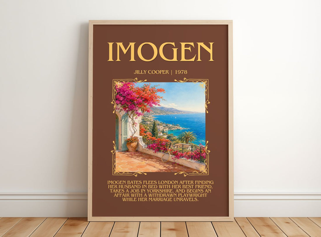 Imogen Minimalist Book Poster by Jilly Cooper – framed print leaning on a wooden floor