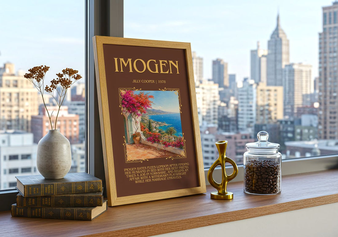 Imogen Minimalist Book Poster by Jilly Cooper – framed print on a city-view windowsill