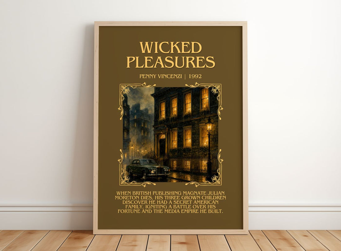 Wicked Pleasures Minimalist Book Poster by Penny Vincenzi – framed print leaning on a wooden floor