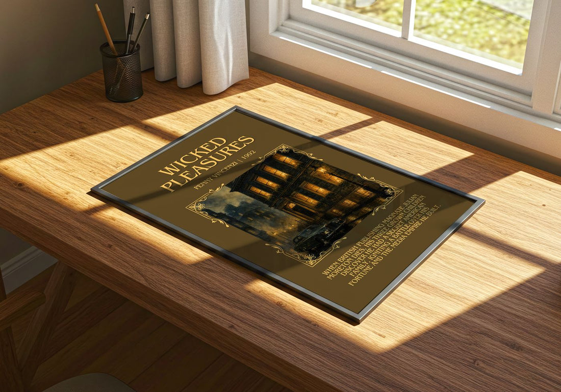 Wicked Pleasures Minimalist Book Poster by Penny Vincenzi – print on a sunlit desk