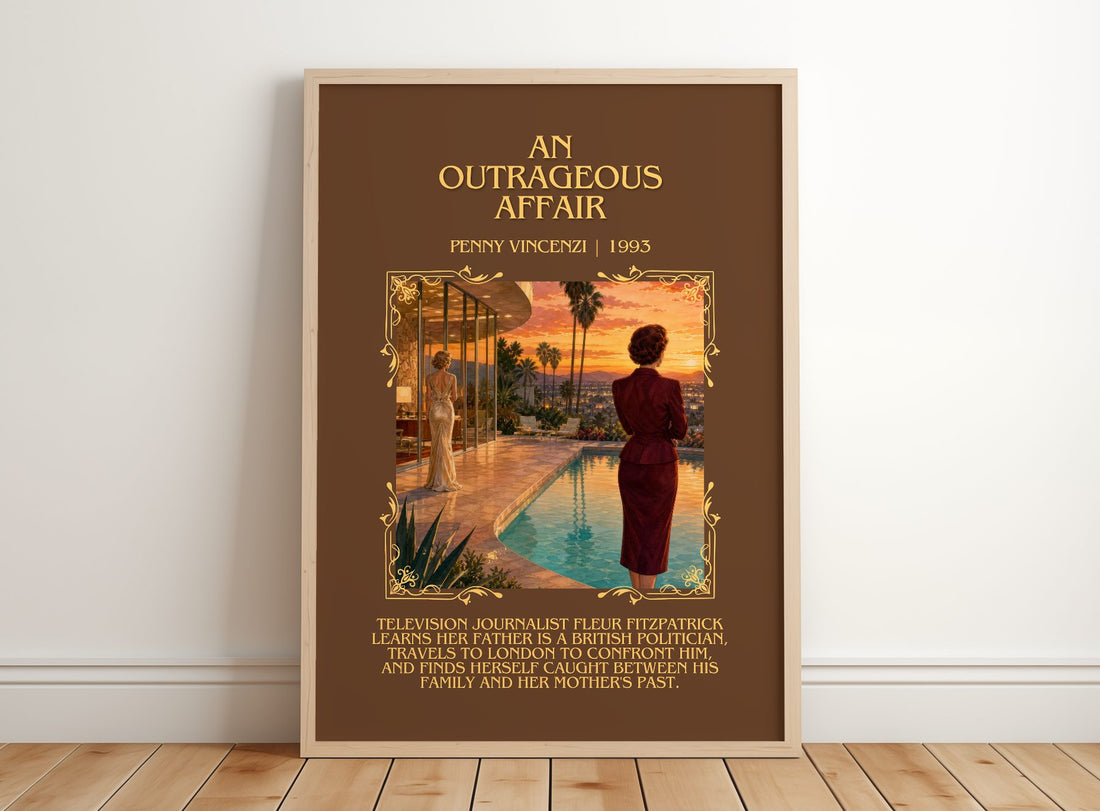 An Outrageous Affair Minimalist Book Poster by Penny Vincenzi – framed print leaning on a wooden floor