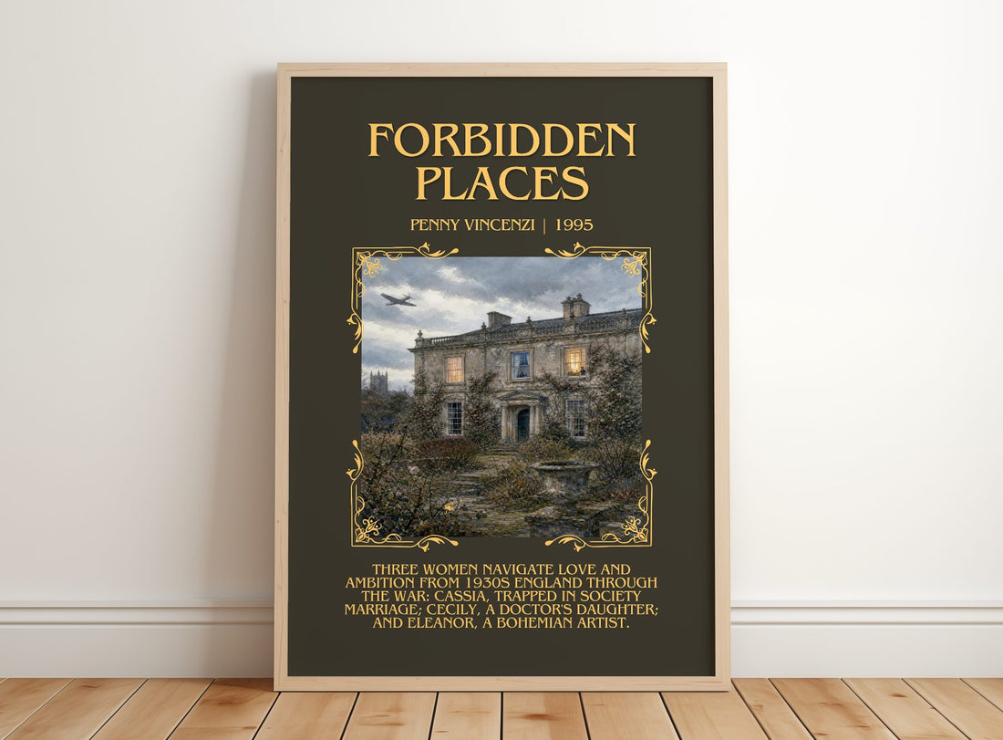 Forbidden Places Minimalist Book Poster by Penny Vincenzi – framed print leaning on a wooden floor