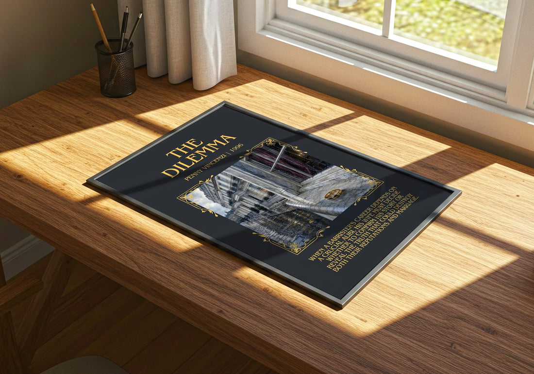 The Dilemma Minimalist Book Poster by Penny Vincenzi – print on a sunlit desk
