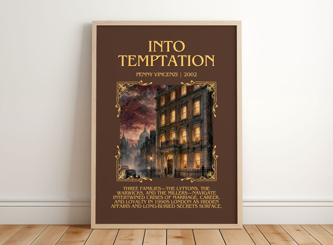 Into Temptation Minimalist Book Poster by Penny Vincenzi – framed print leaning on a wooden floor