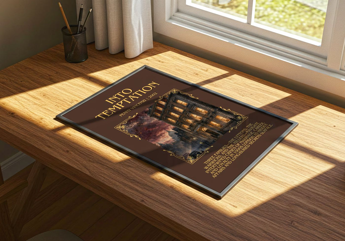 Into Temptation Minimalist Book Poster by Penny Vincenzi – print on a sunlit desk