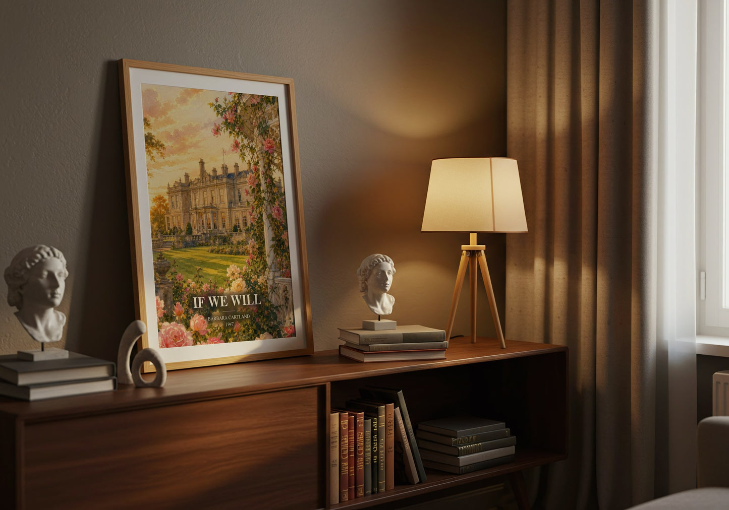 If We Will watercolour print on bookshelf – Barbara Cartland fan gift