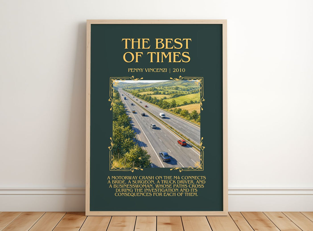 The Best of Times Minimalist Book Poster by Penny Vincenzi – framed print leaning on a wooden floor