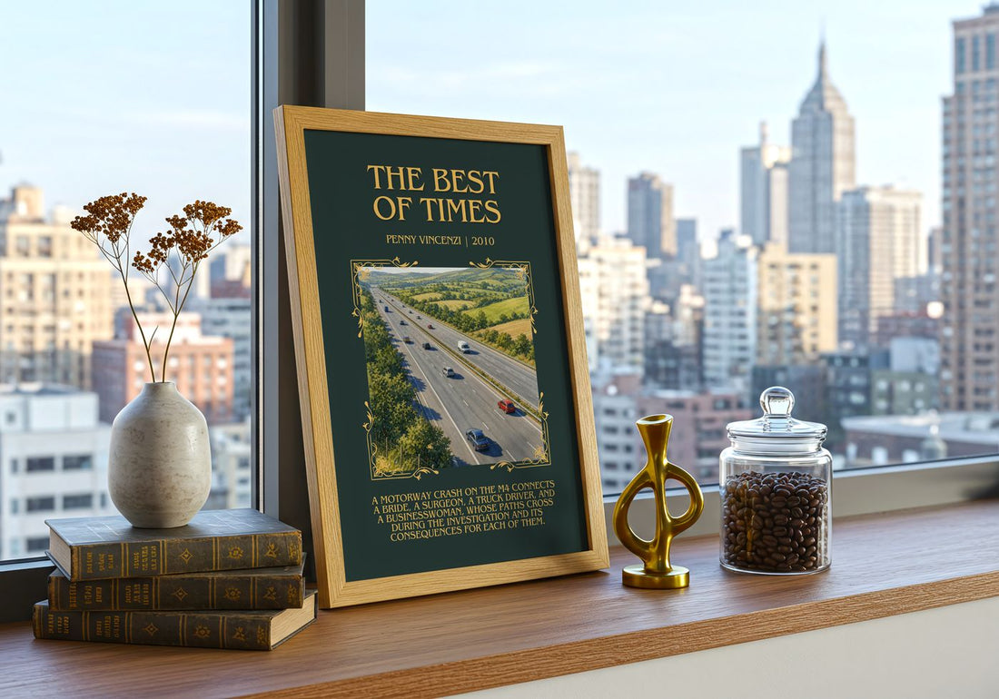 The Best of Times Minimalist Book Poster by Penny Vincenzi – framed print on a city-view windowsill