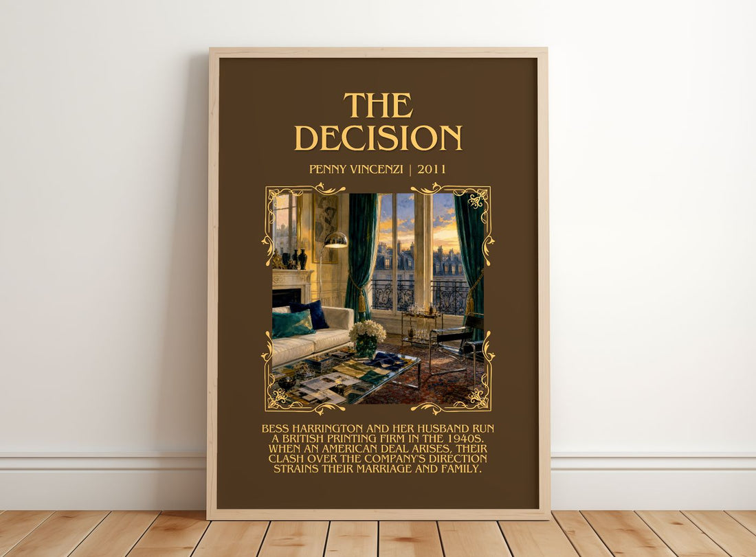 The Decision Minimalist Book Poster by Penny Vincenzi – framed print leaning on a wooden floor