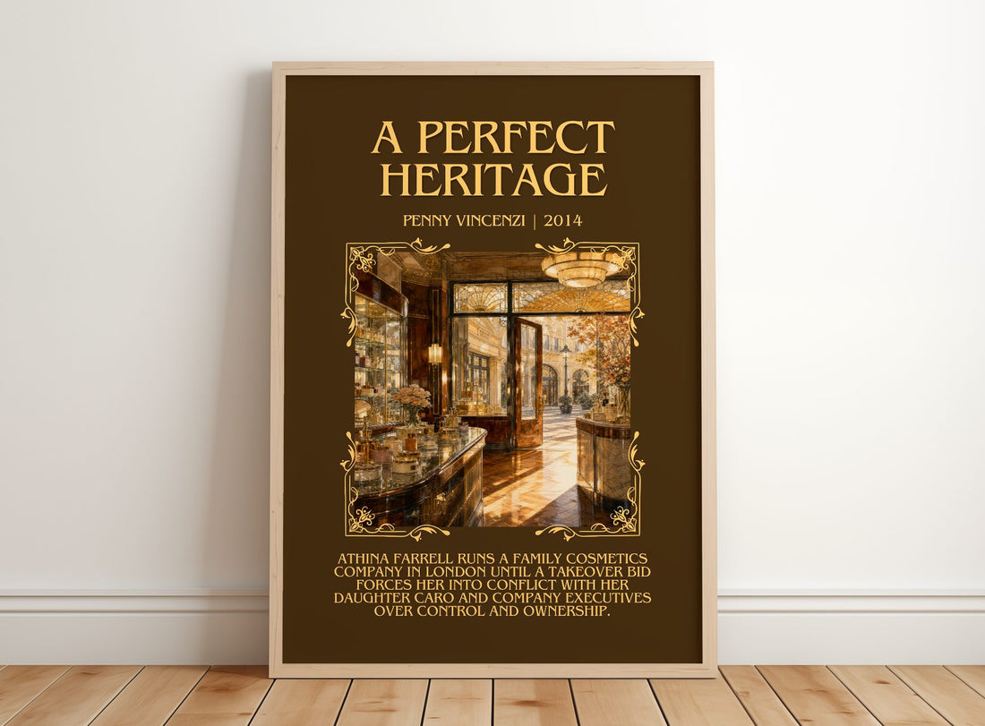 A Perfect Heritage Minimalist Book Poster by Penny Vincenzi – framed print leaning on a wooden floor