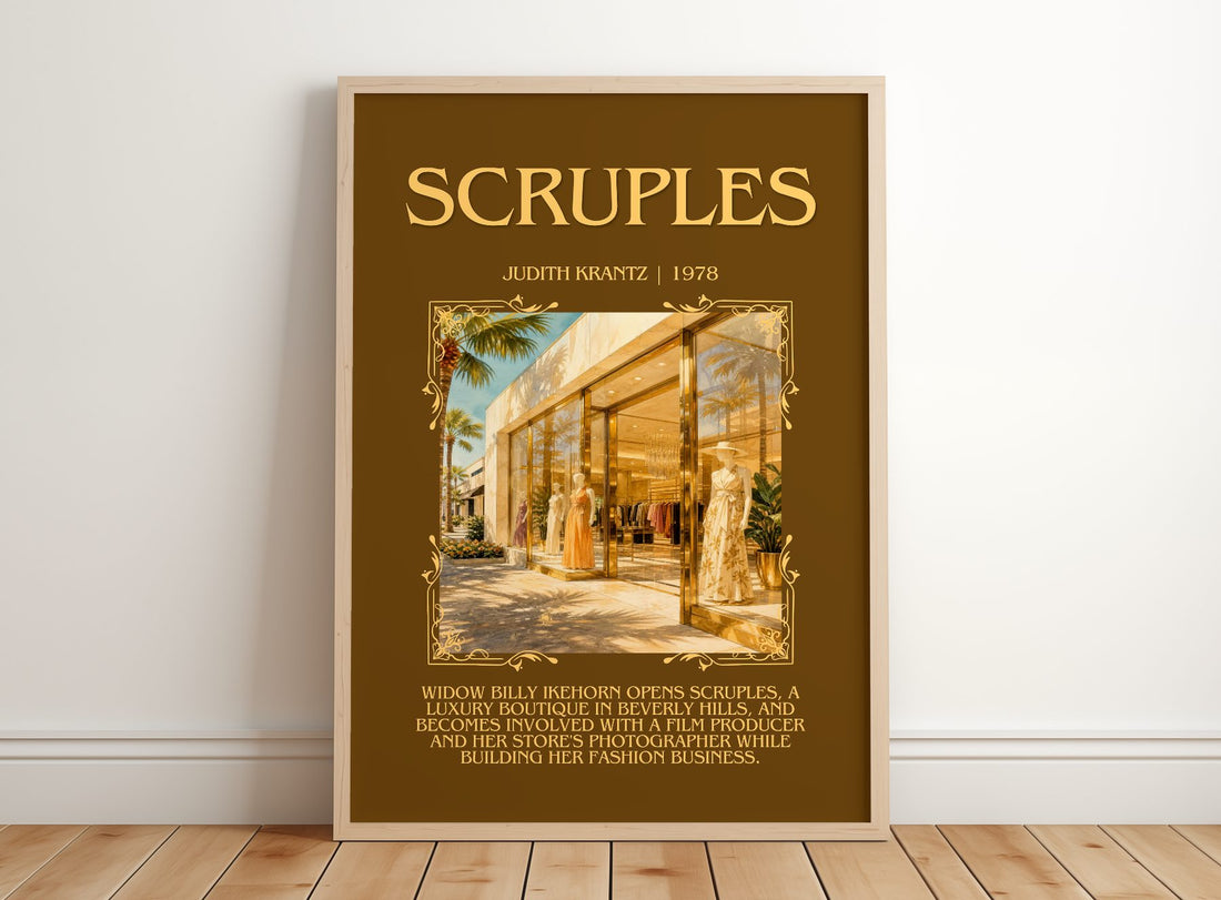 Scruples Minimalist Book Poster by Judith Krantz – framed print leaning on a wooden floor