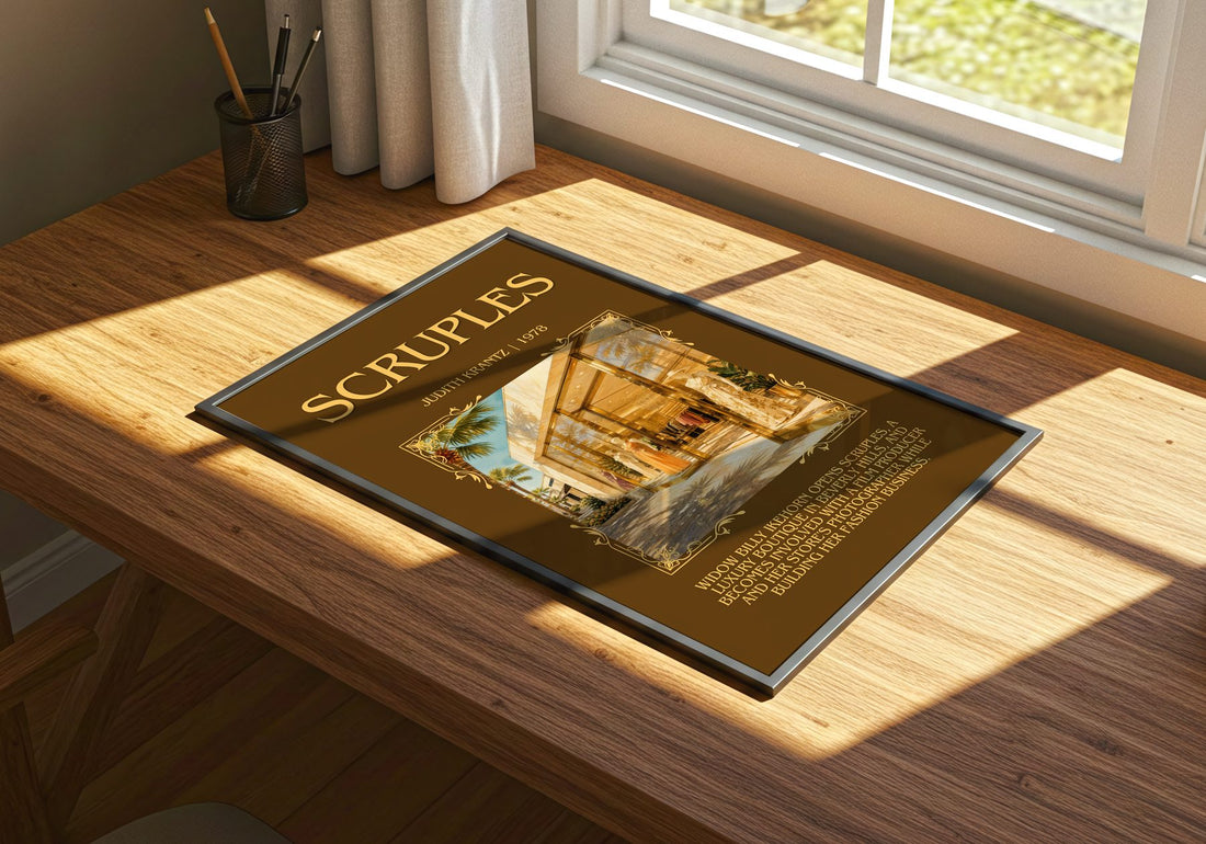 Scruples Minimalist Book Poster by Judith Krantz – print on a sunlit desk