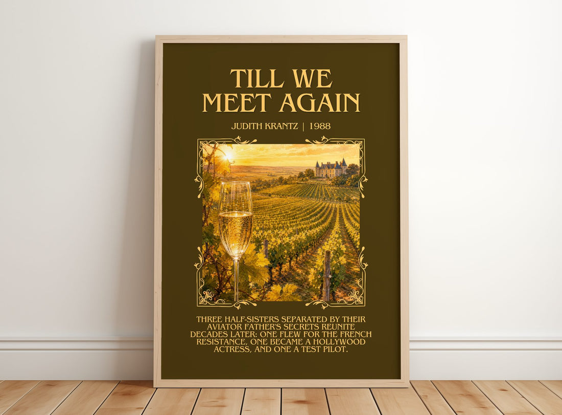 Till We Meet Again Minimalist Book Poster by Judith Krantz – framed print leaning on a wooden floor