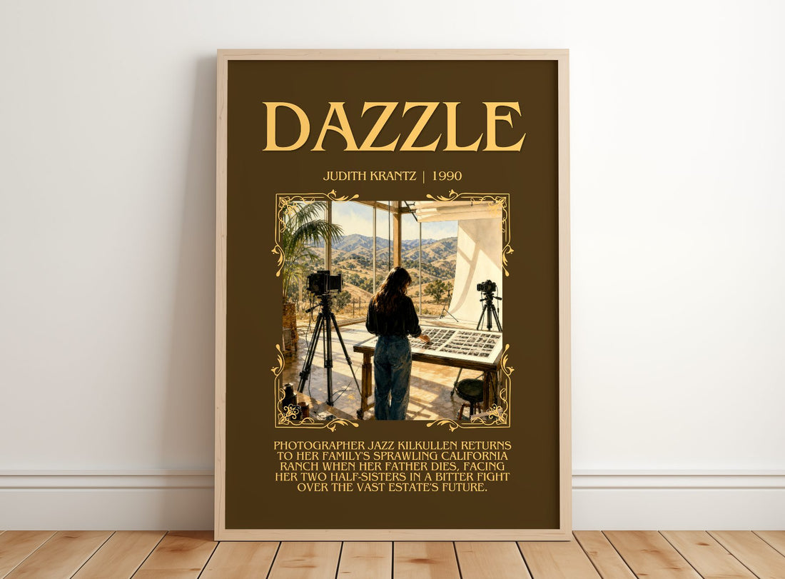 Dazzle Minimalist Book Poster by Judith Krantz – framed print leaning on a wooden floor