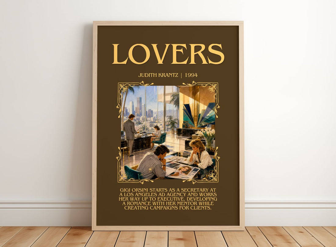 Lovers Minimalist Book Poster by Judith Krantz – framed print leaning on a wooden floor
