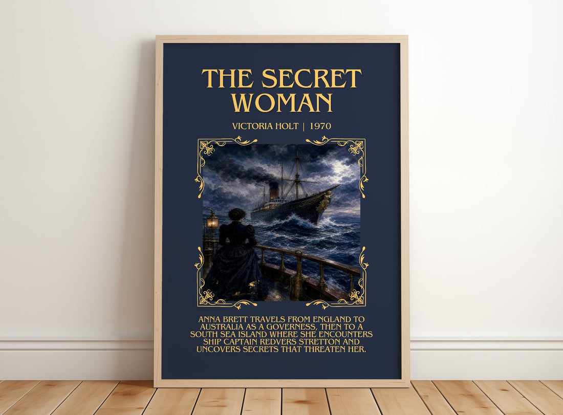 The Secret Woman Minimalist Book Poster by Victoria Holt – framed print leaning on a wooden floor