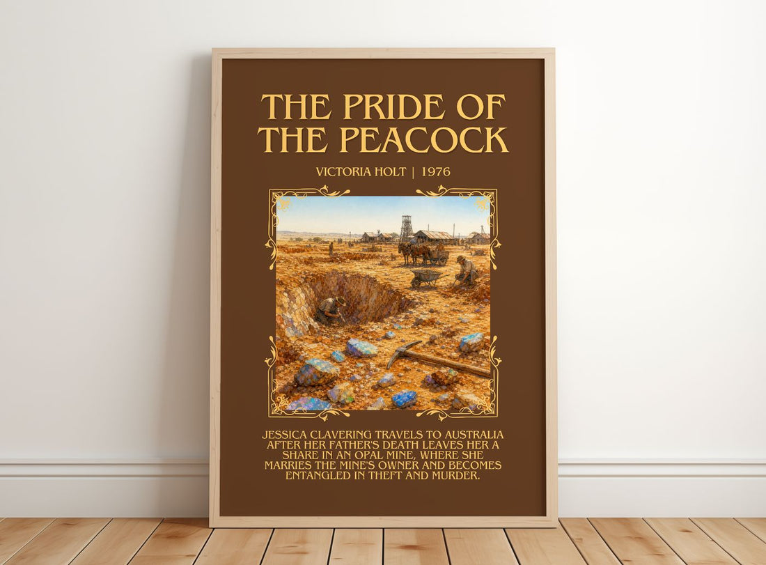 The Pride of the Peacock Minimalist Book Poster by Victoria Holt – framed print leaning on a wooden floor