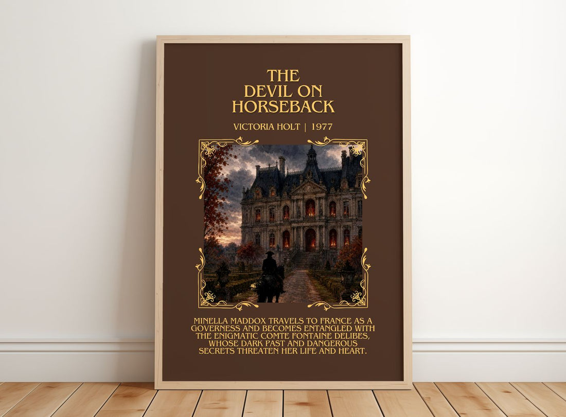 The Devil on Horseback Minimalist Book Poster by Victoria Holt – framed print leaning on a wooden floor