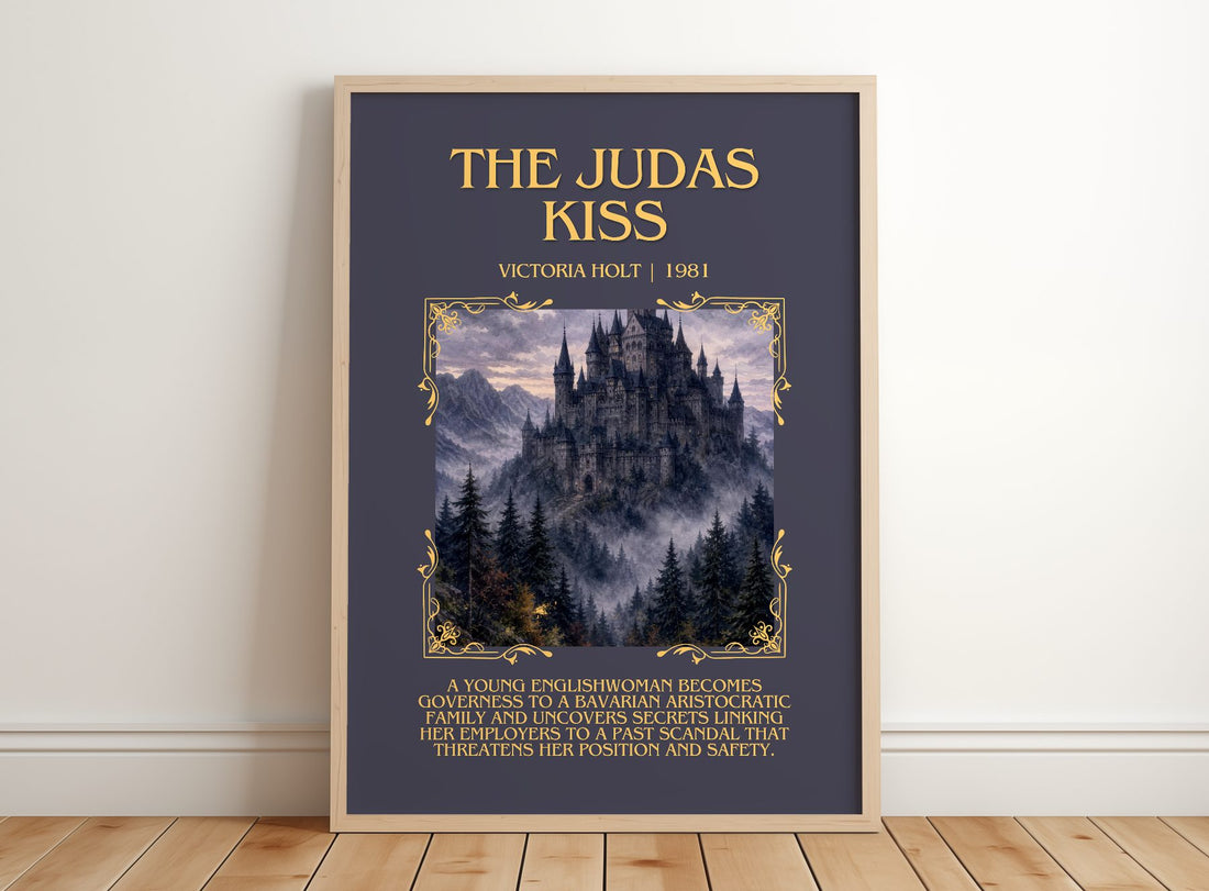The Judas Kiss Minimalist Book Poster by Victoria Holt – framed print leaning on a wooden floor