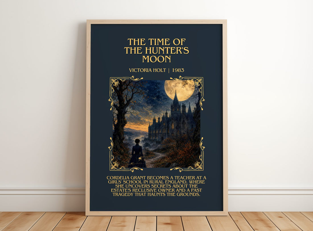 The Time of the Hunter's Moon Minimalist Book Poster by Victoria Holt – framed print leaning on a wooden floor