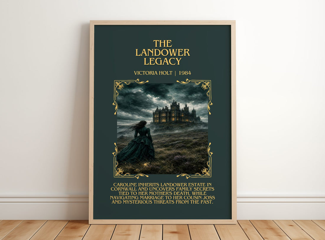 The Landower Legacy Minimalist Book Poster by Victoria Holt – framed print leaning on a wooden floor