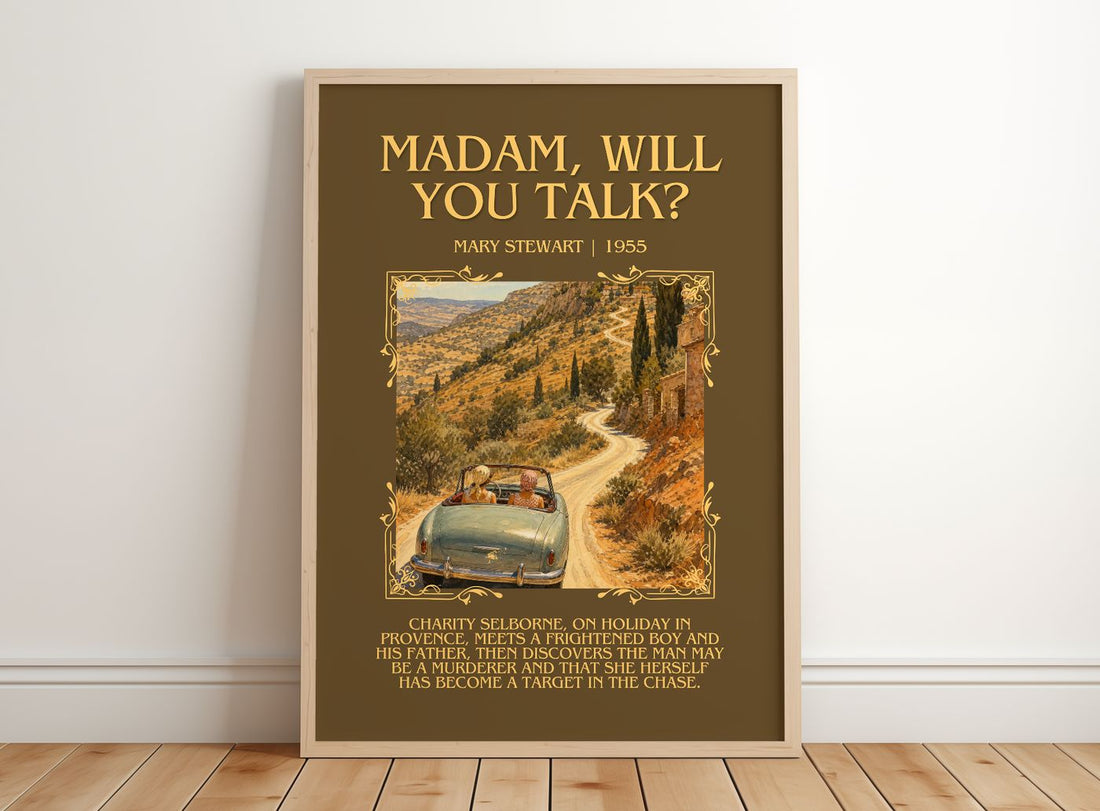 Madam, Will You Talk? Minimalist Book Poster by Mary Stewart – framed print leaning on a wooden floor