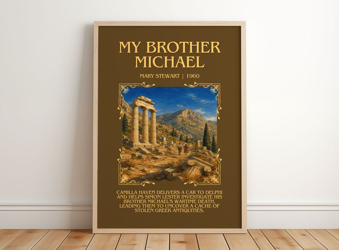 My Brother Michael Minimalist Book Poster by Mary Stewart – framed print leaning on a wooden floor