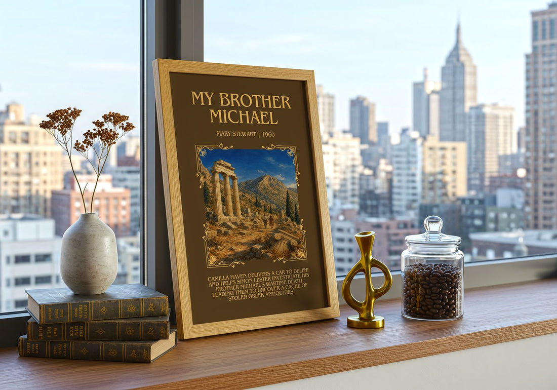 My Brother Michael Minimalist Book Poster by Mary Stewart – framed print on a city-view windowsill