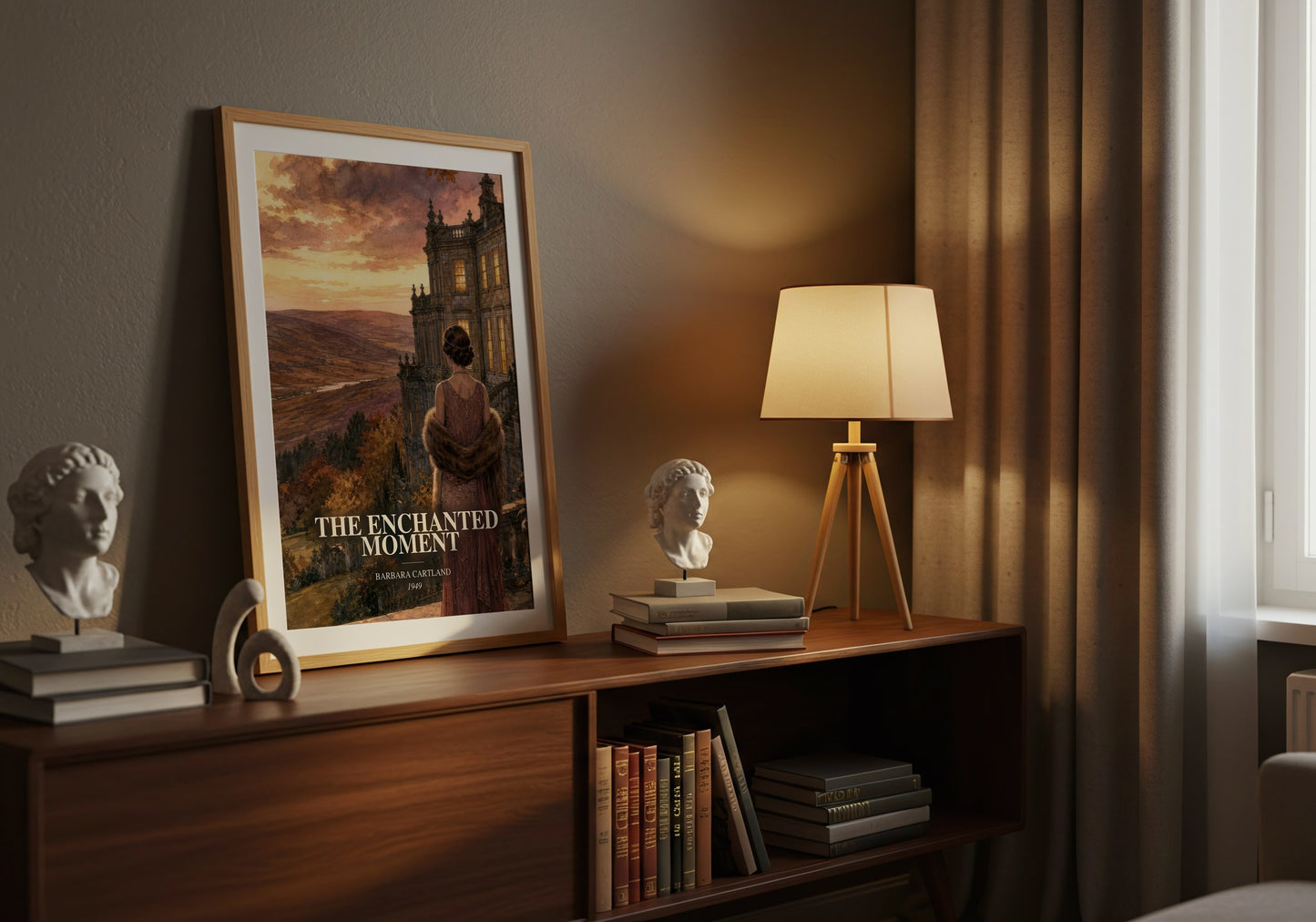 The Enchanted Moment watercolour print on bookshelf – Barbara Cartland fan gift