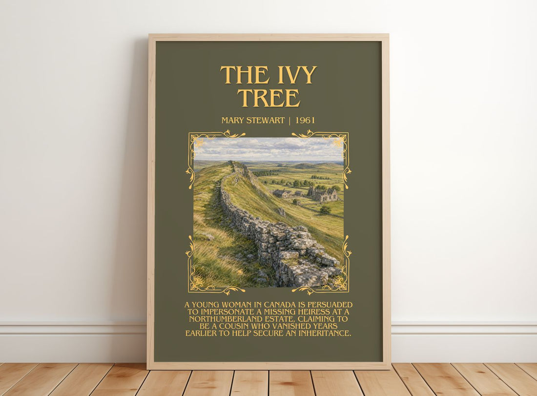 The Ivy Tree Minimalist Book Poster by Mary Stewart – framed print leaning on a wooden floor