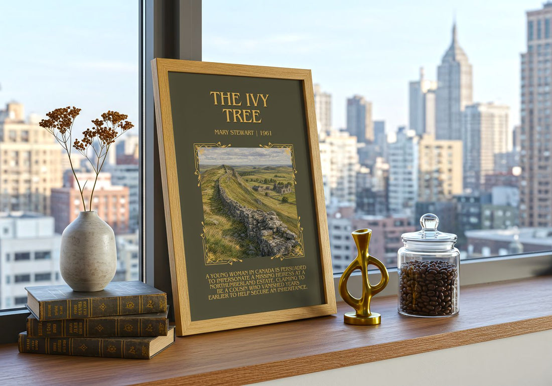 The Ivy Tree Minimalist Book Poster by Mary Stewart – framed print on a city-view windowsill
